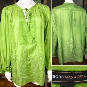 BCBG Max Azria Green Cotton & Silk Long Sleeve Embroidered Peasant Blouse, Sz L